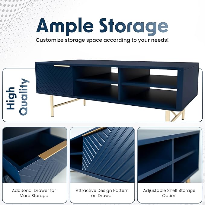 Modern Coffee Table with Storage - Dark Blue Matte Finish with Gold-Tipped Legs, Square Coffee Table for Living Room and Farmhouse with Storage Compartment and Adjustable Shelves