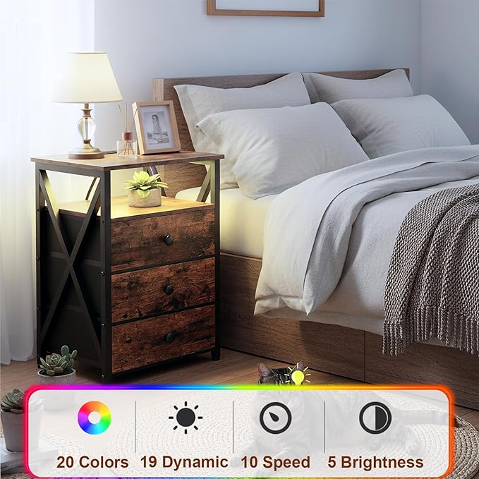 AMHANCIBLE Night Stand Set 2, LED Nightstand with Charging Station, End Side Tables with USB Port & Outlet, Bedside Tables with Fabric Drawers for Bedroom Living Room, Rustic Brown HET053LBR