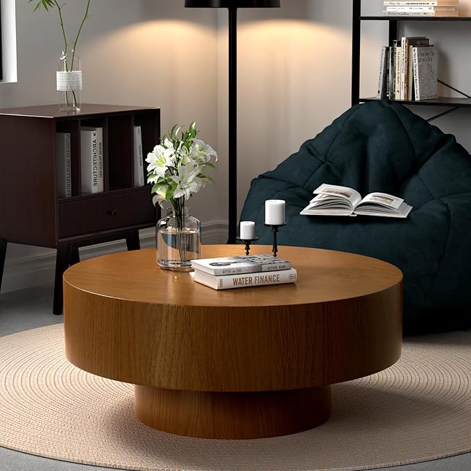 30.5" Round Drum Coffee Table Modern Unique Coffee Table Center Tea Tables Mid Century Coffee Tables for Living Room Apartment Office (30.5in)