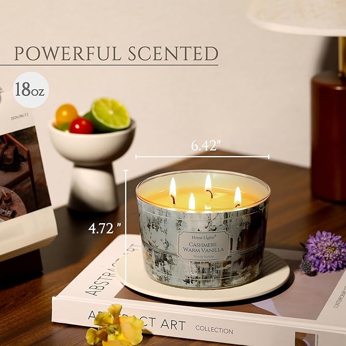 HomeLights Scented Candles for Women & Men, 18oz Candle Jars Aromatherapy 4-Wick Candle, Ideal for Industrial Chic Home Decor and Gifts, Cashmere Warm Vanilla