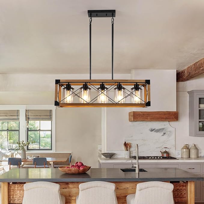 Rustic Hanging Lights Fixture Farmhouse Chandeliers for Dining Room Kitchen Island Light Fixtures 5-Light Wood Chandelier Over Dining Table with Clear Glass Shade-Walnut