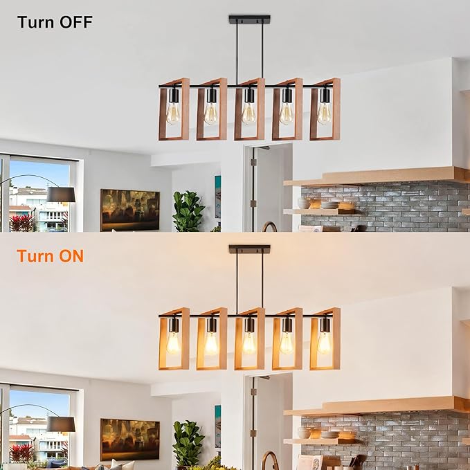 5-Light Island Lights for Kitchen, Rectangular Wood and Black Metal Kitchen Island Chandelier 41.3" Adjustable Rustic Modern Dining Room Light Fixtures Over Table, Chandeliers for Dining Room