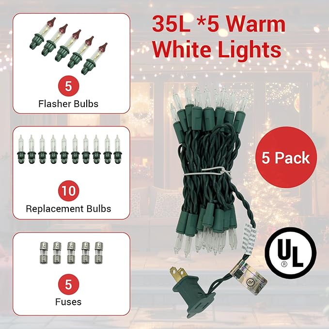 New One Christmas Lights 5 Pack, 35 Lights 8.08FT Christmas Tree Lights with Green Wire, Warm White Twinkle Lights, UL Listed for Indoor Outdoor Patio Garden Party Yard Wedding Decoration