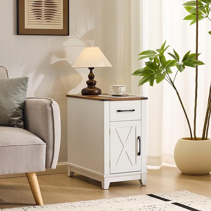 EROMMY Farmhouse End Table with Charging Station, Narrow Side Table for Living Room, Nightstand with Drawer and Storage Cabinet, Adjustable Shelf, White