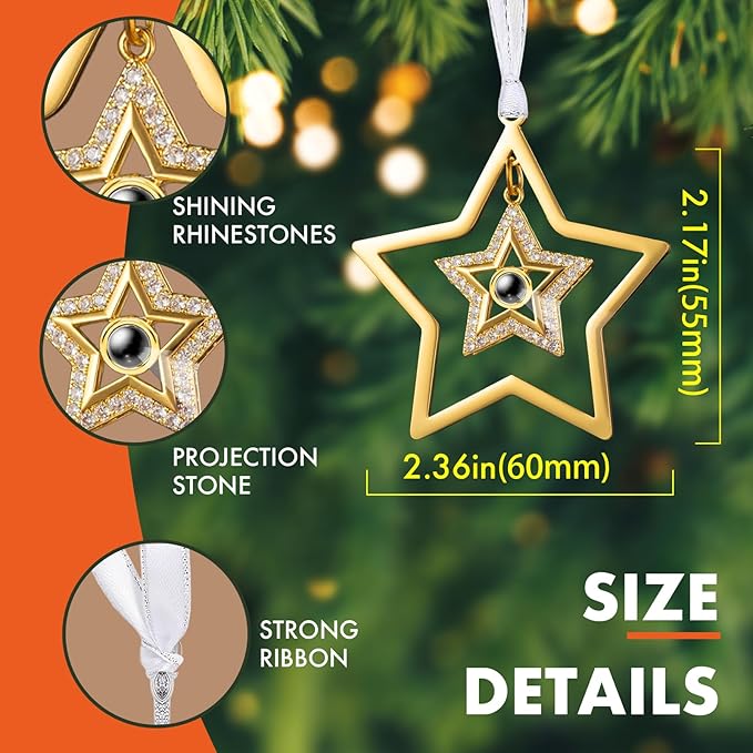 Custom Picture Ornaments, Personalized Christmas Ornaments with Photo Inside, Star Projection Pendant Ornament, Memorial Christmas Ornament, Gifts for Family/Friends/Couples(Double Star)