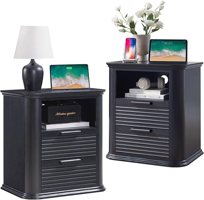 Okvnbjk 22" Wide Fluted Nightstand Set of 2 with Charging Station, 2 Drawer End Table w/Open Storage, Wood Bedside Table for Living Room, Bedroom, Modern Side Tables Curved Profile Design, Black