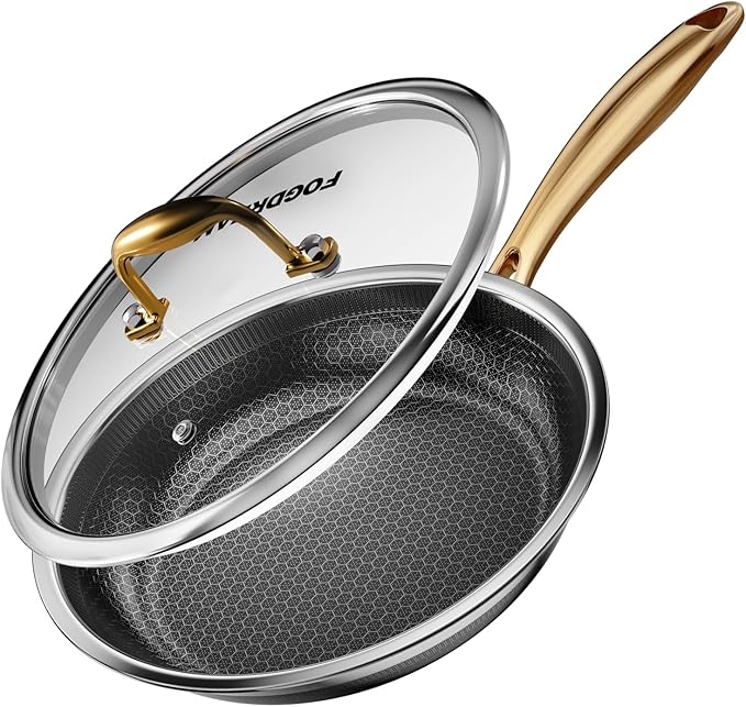 Fogdream 12” Non Stick Frying Pans, Stainless Steel Skillet with Lid, Tri-Ply Stainless Steel for All Cooktops, Dishwasher and Oven-Safe Cooking Pan, Stay-Cool Handle, Gold