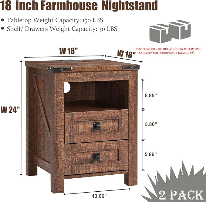 T4TREAM Farmhouse Nightstand Set of 2 with Charging Station, Rustic End Table with 2 Drawers, Storage Open Shelf for Bedroom, Living Room, Wood Side Table, Reclaimed Barnwood