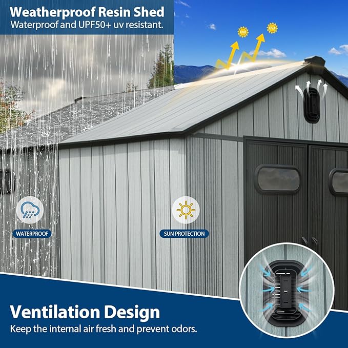 Domi 8x10Ft Resin Outdoor Storage Shed, Plastic Garden Shed with Carpet, Outside Weatherproof Storage Building for Tools, Bike, Lawn Mower, Patio, Backyard