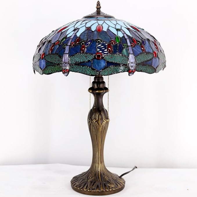 WERFACTORY Tiffany Style Table Lamp Blue Stained Glass Dragonfly Bedside Desk Reading Light Metal Base 16X16X24 Inches Decor Bedroom Living Room Home Office S004 Series