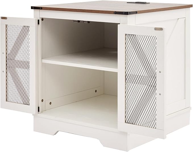 Large Farmhouse End Table with Charging Station and Mesh Barn Door, Rustic White Wood Nightstand with Storage Shelf for Living Room & Bedroom