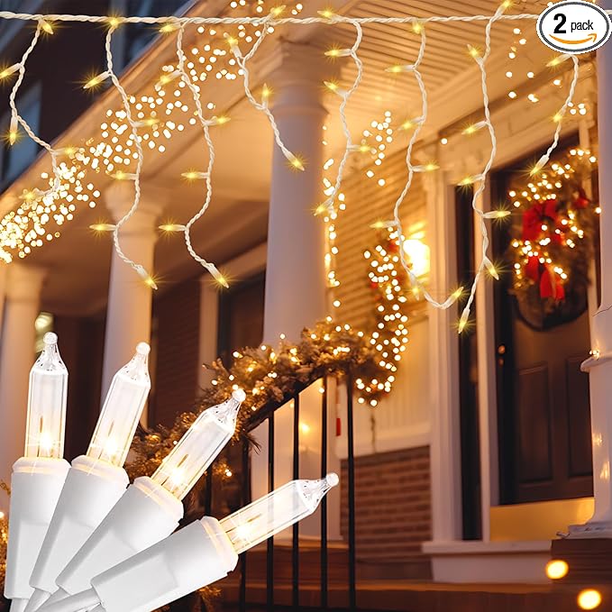 new one 2 Pack Icicle Christmas Lights for Outside Warm White 17.67FT 300 Incandescent Lights, Connectable String Lights with White Wire, 54 Drops