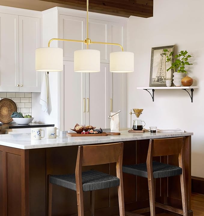 3-Light White Linen Drum Shade Chandelier with Polished Gold Metal Linear Pendant Light Fixture for Kitchen Island, Dining Table, E26, 180W
