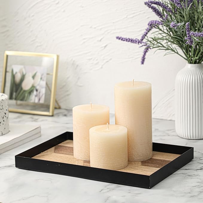 Ivory Pillar Candles - Set of 3, Hand-Poured Unscented, Long Burning, Large, Smokeless Dripless for Dinner Table, Wedding, Home, Bathroom, Rustic Decor