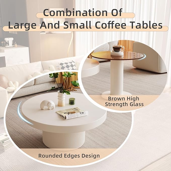 Nesting Coffee Table Set of 2, Round Shape Center & Small Tempered Glass Top Accent Side Table, Modern Home Decor Table Set for Living Room, Bedroom, Office