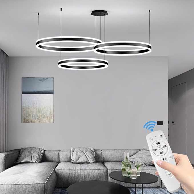 Modern Pendant Light Fixture, 3-Ring Circular Black Dining Room Chandelier, Dimmable 3000K-6500K, LED Hanging Ceiling Light Over Table for Kitchen Island, Living Room, Foyer, Office
