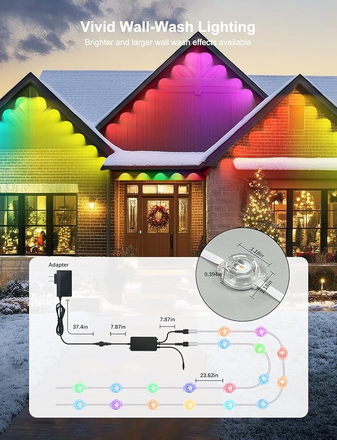 200ft RGB+ IC Permanent Outdoor Lights, Eaves Lights with 100 LED Lights, IP68 Waterproof, Music Sync with Remote Control for Garden Party Decor, Deck, Christmas with Cool White