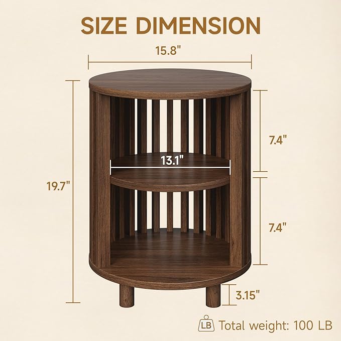 Round End Table, Wood Bedside Table, Mid Century Modern Nightstand with Open Storage Shelf, 3 Tier Small Side Tables for Living Room, Bedroom, Curved Profile Design, Walnut(2-Pack)