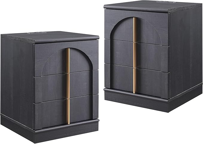 ACCOHOHO Modern Night Stand Set 2 with Arched Panel, 18" Nightstand with Charging Station, Side Table with 3 Storage Drawers, Wood Square Bedside End Table for Bedroom Living Room, Black