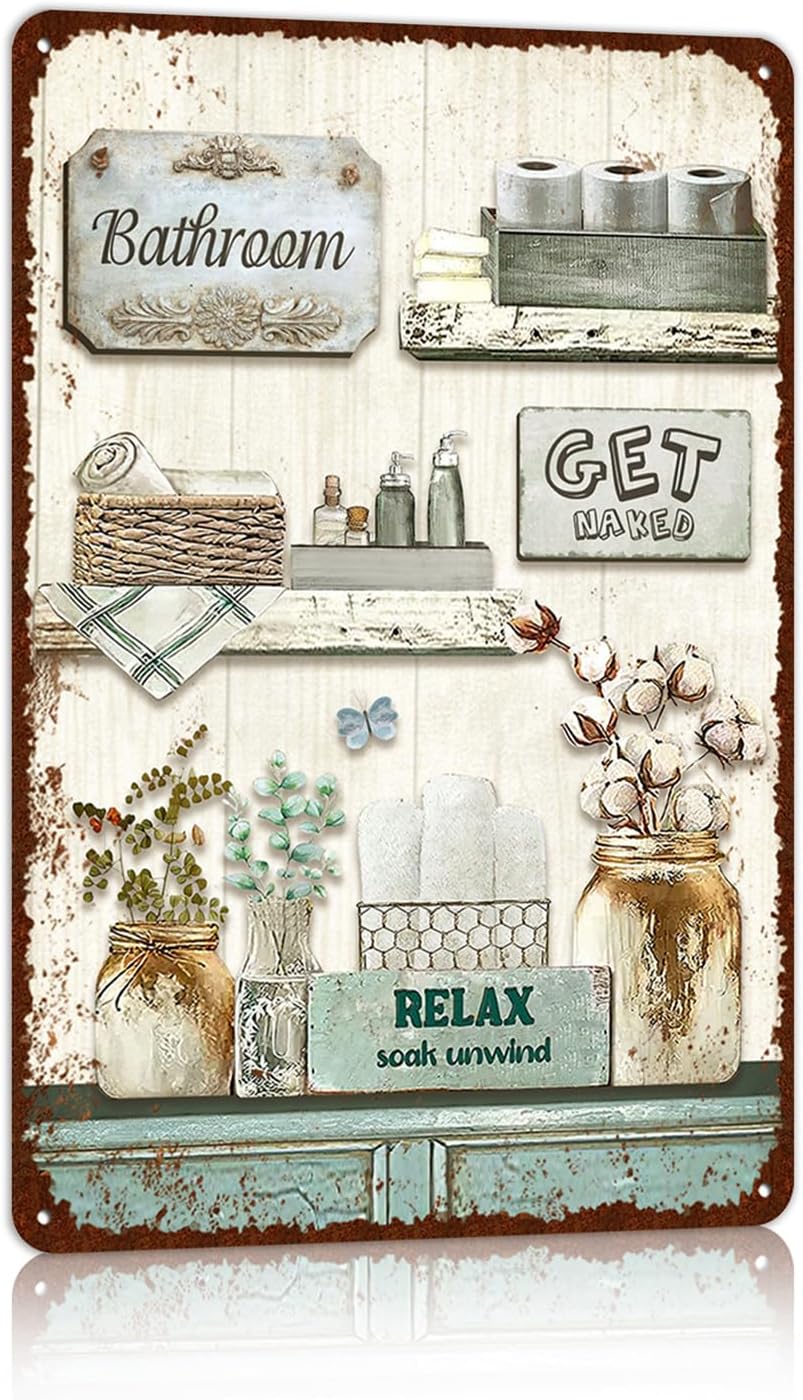 Vintage Farmhouse Bathroom Metal Tin Signs Rustic Flower Country Wall Art Decor 8X12 Inches