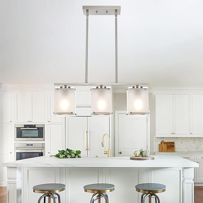 Kitchen Island Lighting, 3-Light Dining Room Light Fixture with Frosted Glass Shade Linear Chandelier Pendant Lighting Over Table for Dining Table Kitchen Island, Adjustable Height