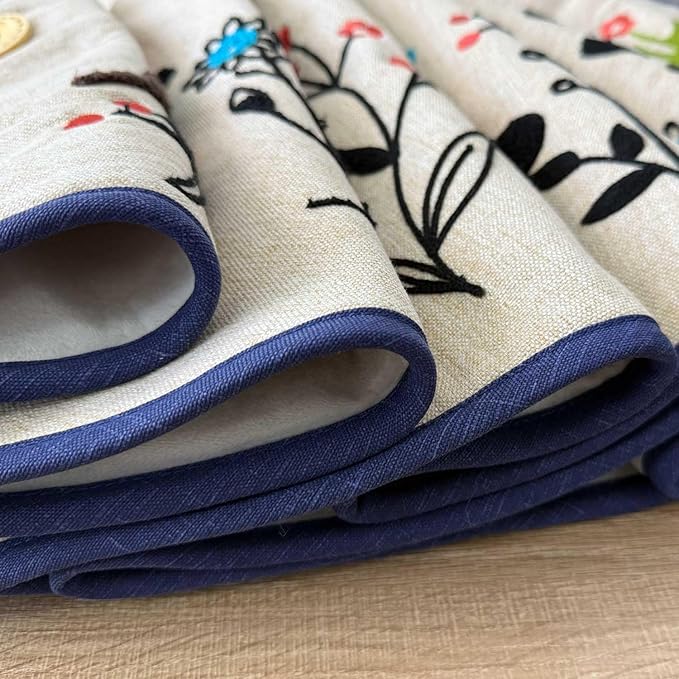 60-Inch Linen Christmas Tree Skirt, Woodland Creatures Embroidery, Thick Foam Padding, Beige with Navy Blue Trim, Oak Button Closures