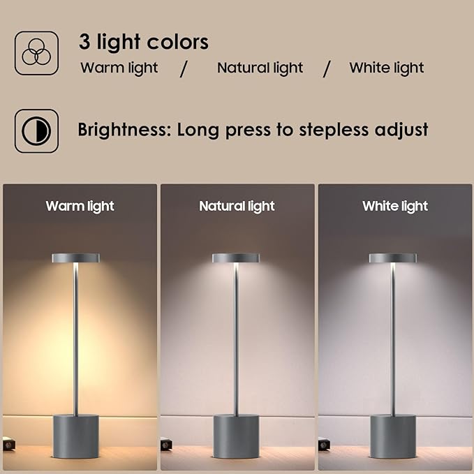 Cordless Rechargeable Battery Operated Dining Table Lamp 6000 mAh LED Desk Lamps 13.5 inches 3-Level Light Color Adjustable Dimmable Brightness for Reading/Restaurant/Study, Pack of 2