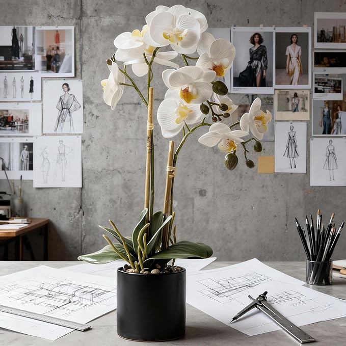 17" Fake White Orchid Flowers in Ceramic Pot,Real Touch Orchids Artificial Flowers Potted Plant,Faux Phalaenopsis Flowers Potting for Home Wedding Table Centerpiece Bathroom Office Decor