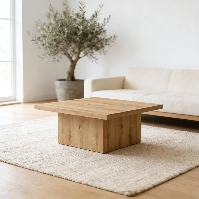 35.5" Square Coffee Table Natural Oak Finish – Modern Organic Farmhouse Living Room Centerpiece – Sturdy Low Profile Wood Design for Family Homes