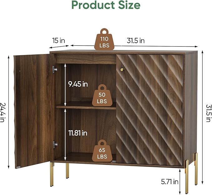 Sideboard Cabinet with Adjustable Shelf, Freestanding Walnut Buffet Cabinet with Storage, Wooden Storage Cabinet with Textured Diagonal Lines Doors for Living Room, Entryway, Console