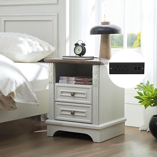Farmhouse Nightstand wtih Charging Station, 20" End Table with 2 Drawers, Night Stand Side Table Storage Cabinet with Carved Pilasters for Bedroom, Wood Rustic, Antique White