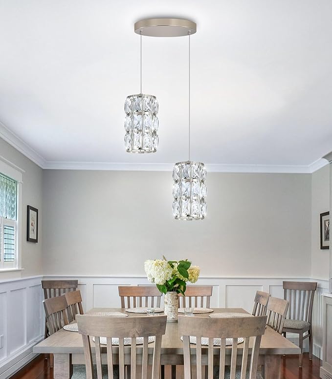 2-Lights Modern Crystal Pendant Lights for Kitchen Island LED Dimmable Glam Pendant Lighting Chandelier for Dining Room Hallway Corner Lamp Nickel