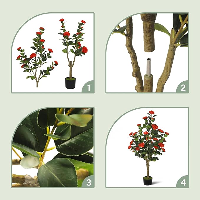2-Pack 4FT Artificial Camellia Tree,Realistic Fake Potted Plants with Flowers&Planters,Indoor/Outdoor Faux Flowering Trees for Home,Office,Porch,Wedding,and Housewarming Gift Decor,Red