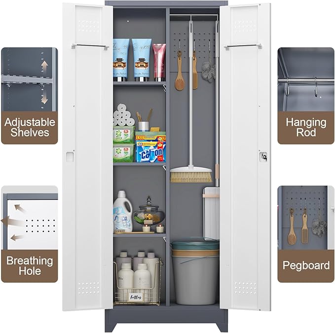 GREATMEET 65" Garage Storage Cabinet, Broom Closet Storage Cabinet, Storage Shed, Metal Cabinets with Doors and Shelves, Tool Shed for Brooms and Mops, Utility Cabinets for Storage, Grey&White