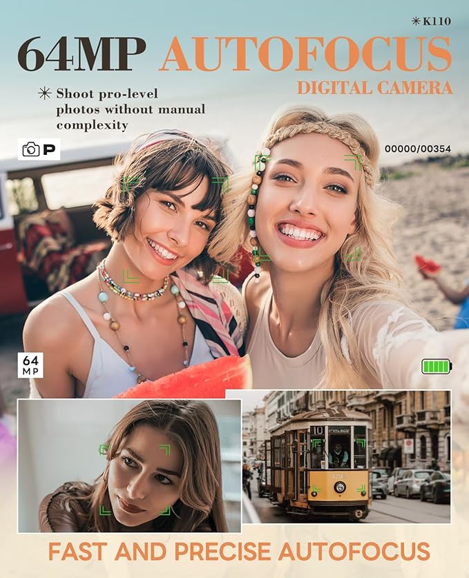 True 5K Digital Cameras for Photography 64MP - Autofocus 18X Zoom, with 3'' 180° Flip Screen, 64GB TF Card & 2 Batteries, Compact Travel Vlogging Camera for YouTube Beginners (Silver)
