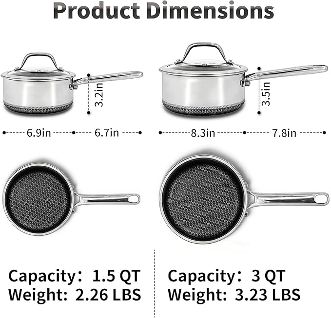 Hybrid Nonstick Saucepan Set of 2 with Lids 1.5 QT and 3 QT, Stainless Steel Honeycomb Pans,Compatible with All Cooktops,Dishwasher and Oven Safe