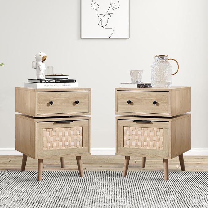 Bonzy Home Nightstand with Storage, 23" Side Table with Woven Doors, Bedside Table with 360° Rotating for Living Room, Bedroom, Oak