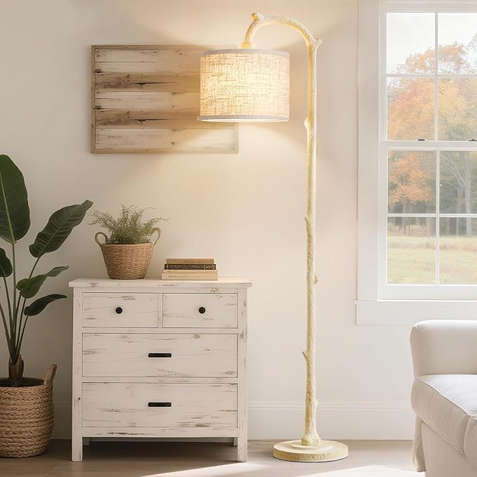 Floor Lamp for Living Room - 69" Rustic Farmhouse Tall Lamp with Adjustable Color Temperatures- Country Resin Vintage Reading Light Standing Lamps for Bedroom Office Home Decor, Almond White