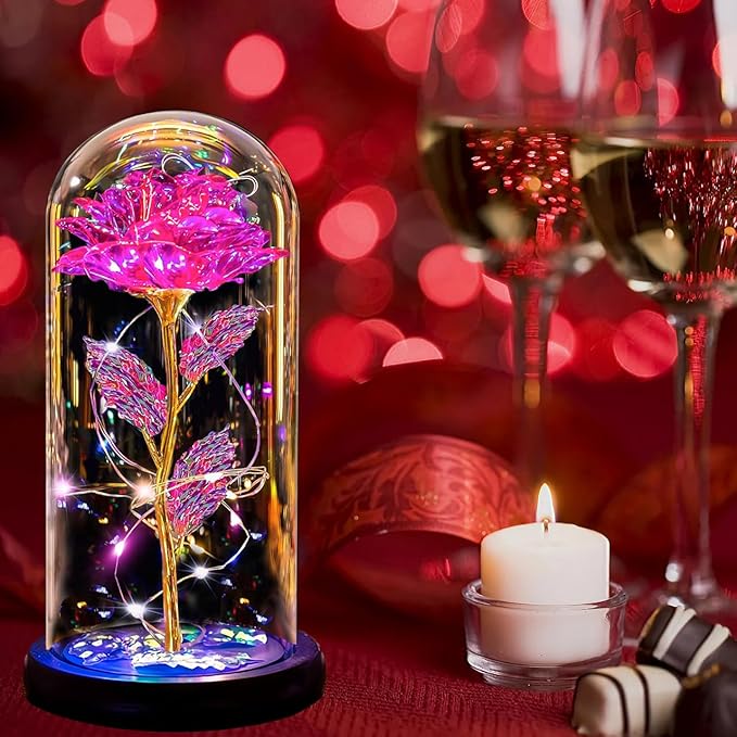 Christmas Rose Gifts for Women Mom, Womens Gifts for Christmas, Glass Flower Gifts for Sister, Rose Enchanted Crystal Flower Gift Light Up in Glass Dome,Birthday Gift for Women Wife