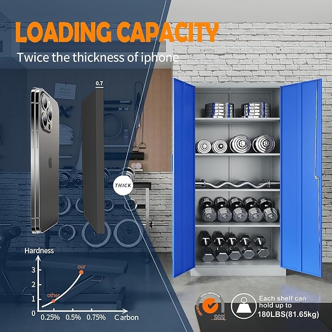 Yizosh Metal Garage Storage Cabinet with 2 Doors and 5 Adjustable Shelves - 71" Steel Lockable File Cabinet,Locking Tool Cabinets for Office,Home,Garage,Gym,School (Gray Blue)