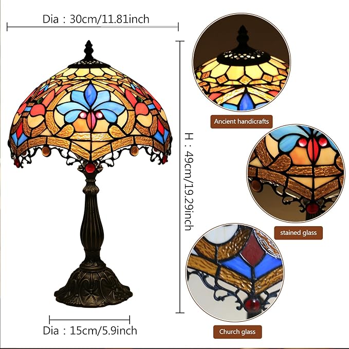 Tiffany Baroque Table Lamp 12 Inches Stained Glass Lamp Vintage Table Lamp for Desk Bedroom, Bedside Und Reading Desk Light