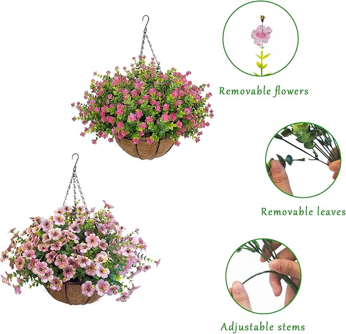 Artificial Hanging Plants Flowers with Basket 2 Packs, Artificial Hanging Flowers for Outdoors, Faux Hanging Plants Outdoor, Pink Fake Flowers, Pink&Pink