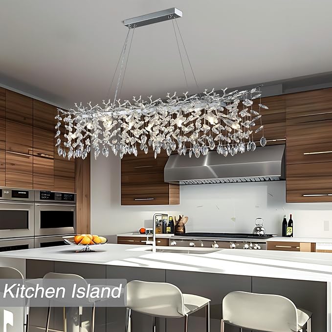 YUYI 47" Silver Crystal Chandelier, 14-Light Modern Tree Branch Chandelier, Luxury Rectangular K9 Crystal Raindrop Chandeliers for Dining Room, Kitchen Island, Living Room, Contemporary Light Fixture