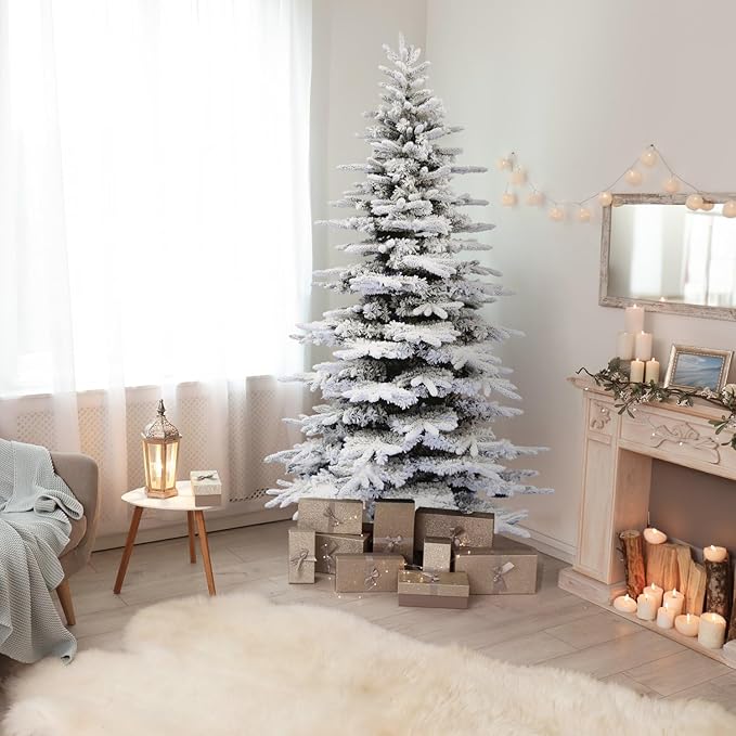 Fraser Hill Farm 9-Ft. Pine Valley Flocked Christmas Tree, Snowy Xmas Tree with DIY Potential with No Attached Lights, Artificial Christmas Tree with Metal Base, Easy to Set up