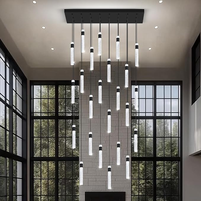 Glam Rectangular Crystal Column Chandelier for High Ceiling 24-Lights Black LED Dimmable Pendant Light for Kitchen Island Dining Room Entrance Foyer Living Room Adjustable Height
