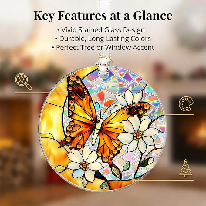 Christmas Ornaments 2025, Stained Glass Christmas Tree Decorations, Exchange for Women, Men, Collectible Dated Year Ornaments for Tree（Butterfly）