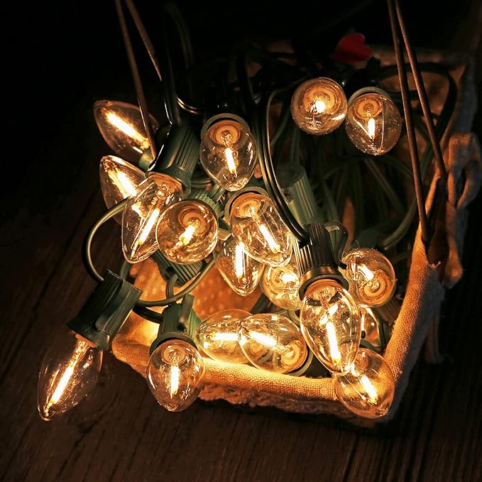 KGC 25Pack C7 LED Christmas Light Bulb, E12 Base LED Bulbs, 0.6W 2200K Warm White 50LM, Clear Plastic Night Lights C7 Replacement Bulbs for Christmas String Lights.