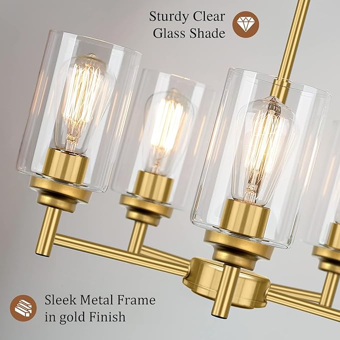 5-Light Chandelier for Dining Room Kitchen Island Modern Farmhouse Pendant Lighting with Clear Glass Shades Industrial Gold Hanging Ceiling Light Fixture for Foyer Living Room, Height Adjustable