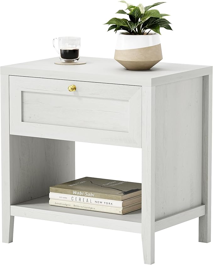 Nightstand with Storage Drawer, Farmhouse Large Bedside End Table with Open Shelf, Modern Wood Night Stand for Sofa, Bedroom, Antique White