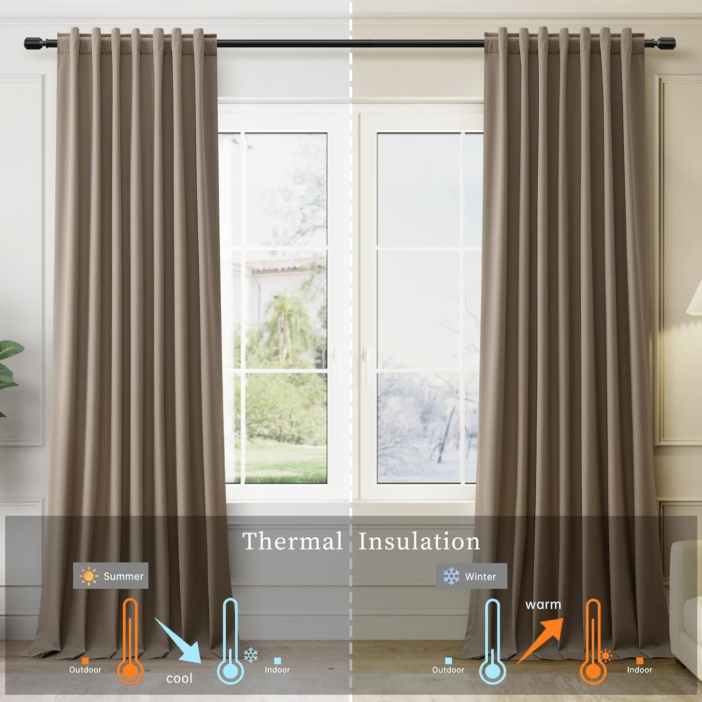 BOODII Full Blackout Curtains 90 Inches Long Room Darkening Curtain for Bedroom Sliding Door Thermal Insulated Black Out Curtains & Drapes Dark Brown Neutral Linen 2 Panels Set Back Tab 52x90